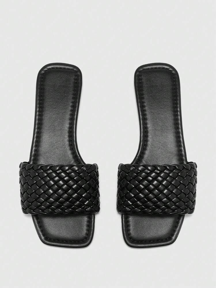 CUCCOO BIZCHIC Women Shoes Woven Design Open Toe Flat Sandals Slippers Simple Fashion PU Leather Black Flat Sandals Slippers Indoor Beach Leisure