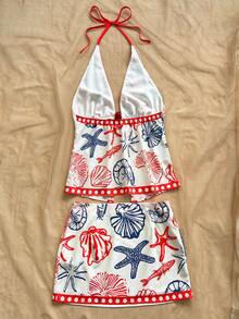Soleia Conjunto de Praia Feminino 2 Peças, Top Halter com Decote em V e Amarração com Estampa de Estrela-do-Mar e Vida Marinha & Saia de Cintura Baixa, Azul Marinho e Branco, Verão, Boho, Férias, Roupa de Praia - Multicolorido - Visão 9