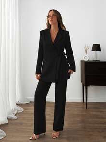 EURMUSE WOMEN ELEGANT SUIT SET WITH BELT DETAILED - Black - View 3