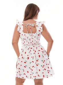 Solavibe Plus Size Women's Cute White Cherry Print Front Tie Mini Dress,Summer Flutter Sleeve Picnic Outfit,Casual Beach Vacation Birthday Holiday Dresses - White - View 5