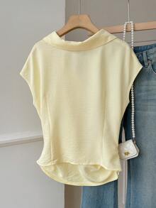 SHEIN EZwear 女士黄色梭织单排扣褶裥休闲衬衫 - 淡黃色 - 查看 3