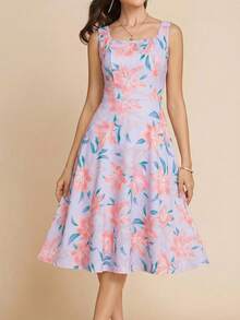 Amorya 女士印花无袖方领A字连衣裙 - 紫羅蘭色 - 查看 3