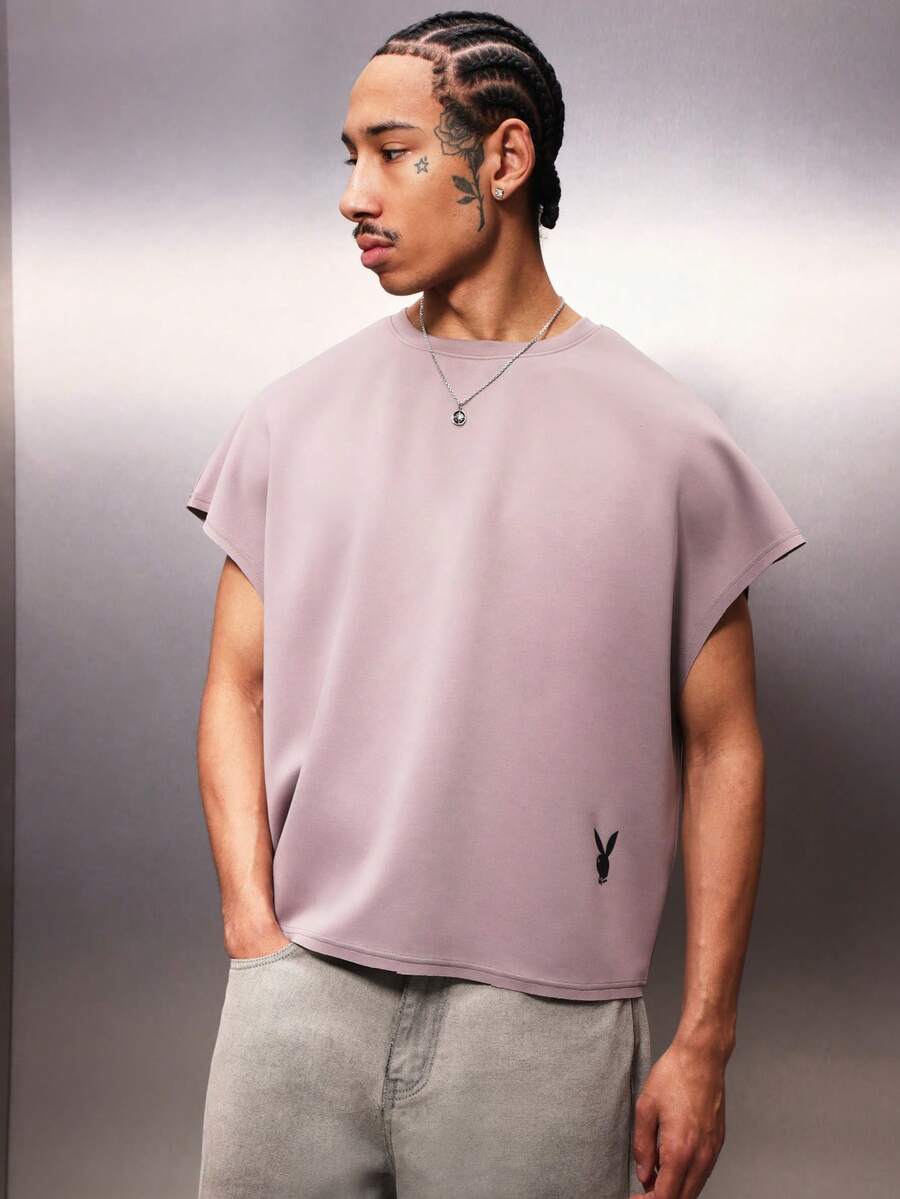PLAYBOY X SUMWON Mens Boxy Fit Crew Neck Sleeveless Tank Top With Small Black Logo Print Summer Essential - Dusty Purple - View 1