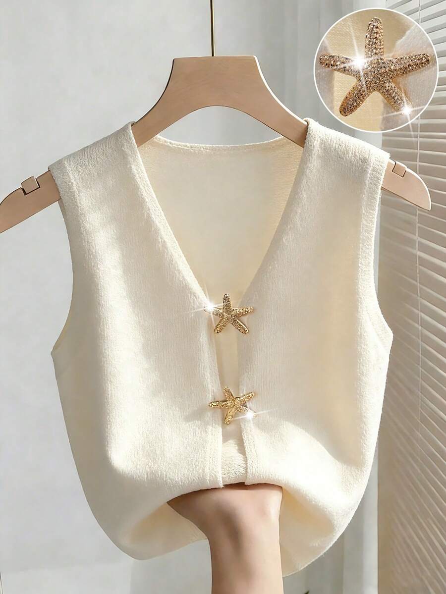 Franclia Top en tricot décontracté à encolure V profonde sans manches, style raglan, avec décoration d'étoile de mer, pour usage quotidien - Nude - Voir 1