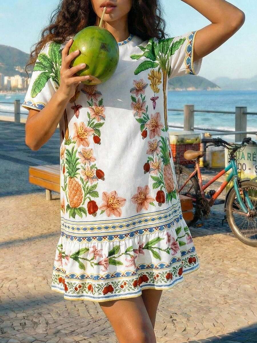 CAJUNI Tropical Vacation Cute Embroidery T-Shirt Dress - Apricot - View 1