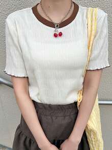 FRIFUL Women's Casual Loose Fit Contrast Color Trim T-Shirt, Versatile For Spring And Summer - Beige - View 3