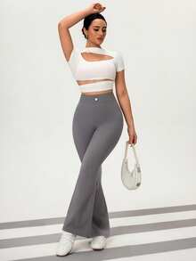 Flexra 女士复古硬币图案休闲修身直筒裤 - 淺灰色 - 查看 6