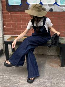 DAZY 女士宽松休闲时尚街头风系带吊带裤，收腰设计，宽松版型，直筒牛仔背带裤/连体裤，春夏款 - 深色水洗藍 - 查看 9