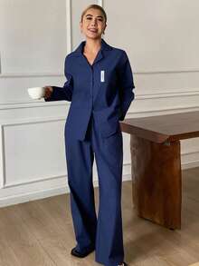 DAZY 纯色纽扣衬衫和裤子睡衣套装 - 藏蓝色 - 查看 5