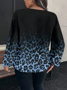 EMERY ROSE Plus Size Ombre Leopard Print V-Neck Long Sleeve Shirt - Multicolor - View 2