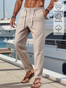 Manfinity RSRT 男士纯色抽绳腰长裤，锥形修身亚麻长裤，清爽简约，适合外出和秋季穿着。 - 杏色 - 查看 4