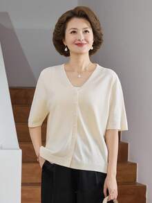 Livesso 女士V领宽松短袖针织上衣 - 杏色 - 查看 3