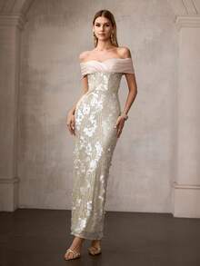 MOTF Soiréza Đầm dạ hội năm mới thanh lịch dành cho nữ, chi tiết nhún bèo ở ngực, xẻ tà cao thấp ở lưng, chất liệu satin đính sequin lấp lánh, kiểu dáng ôm sát, thích hợp cho các sự kiện buổi tối và tiệc tùng trang trọng, lễ kỷ niệm. - Màu be - Xem 5