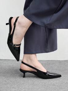 CUCCOO BIZCHIC Pointed Toe Backless Strap Small Kitten Heel Women Shoes - Black - View 4