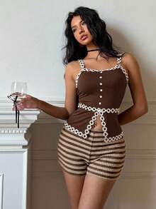 Siren Gaze Celana Pendek Kasual Wanita Motif Patchwork Warna Serbaguna untuk Pemakaian Sehari-hari, Cocok untuk Piala Dunia - Coklat - View 5