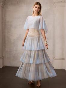 MOTF PREMIUM 女士新款蓝色网纱串珠层叠连衣裙，飘逸薄纱荷叶边长款连衣裙，宴会走秀晚礼服 - 藍色 - 查看 5