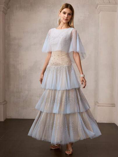 MOTF PREMIUM 女士新款蓝色网纱串珠层叠连衣裙，飘逸薄纱荷叶边长款连衣裙，宴会走秀晚礼服