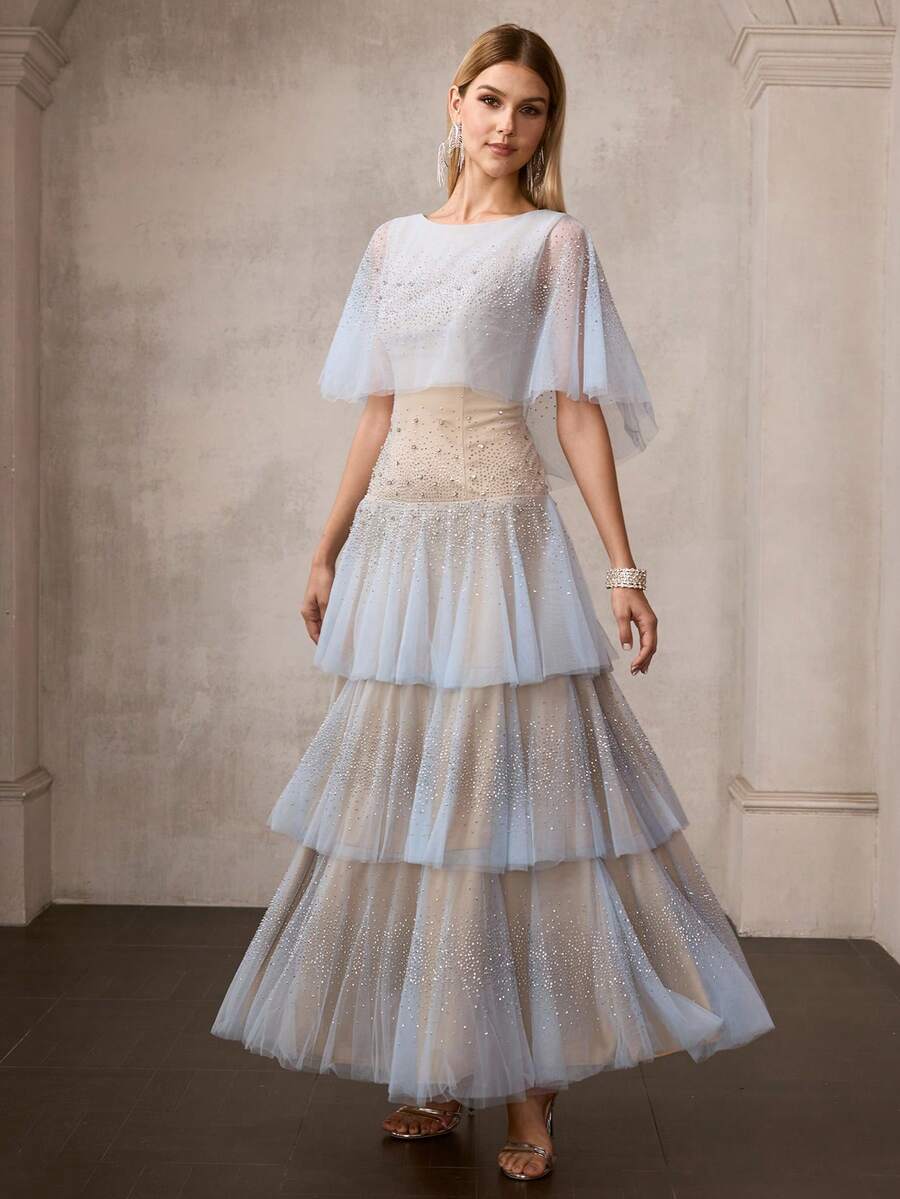 MOTF PREMIUM WOMEN'S NEW BLUE MESH BEADED LAYERED DRESS, ETHEREAL SHEER RUFFLE HEM MAXI DRESS, BANQUET RUNWAY EVENING GOWN - Blue - View 1