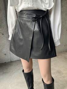 FRIFUL 女款純色綁帶迷你裙褲，通勤風校園風 - 黑色 - 查看 5