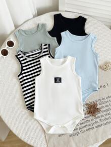 SHEIN Playful Pals 買1送5 5件組中性嬰兒男孩女孩羅紋連身衣 全白夏季休閒家庭款字母貼布無袖背心連身衣 - 彩色 - 查看 7
