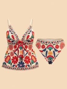 Travachic 女士夏季沙滩打结印花吊带泳衣套装，沙滩，女士沙滩装，沙滩套装，外出，度假，女士度假装，假日，夏季，夏季服装，女士夏季装，情人节，狂欢节，狂欢节服装，派对，外出，外出装，休闲，优雅，Y2K，花朵，白色，红色，粉色 - 彩色 - 查看 7