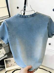 Resyla Casual Denim Effect Print Short Sleeve T-Shirt, Summer - Multicolor - View 2