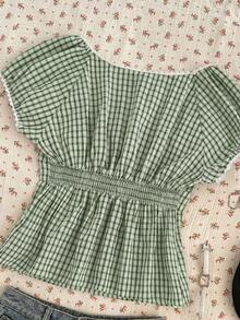 SHEIN EZwear 大码格子印花甜心领休闲短袖衬衫 - 軍綠色 - 查看 5