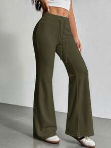 SHEIN EZwear Quần ống loe nữ màu trơn dáng rộng có dây rút ở eo - xanh quân đội - Xem 7
