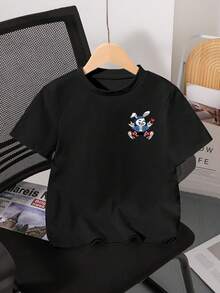 SHEIN Explorewe 1pcs Random 1pcs Boys Summer New Fun Cartoon Banana Chicken Print Short Sleeve T-Shirt, Funny DJ Banana Chicken Theme T-Shirt, - Black - View 7