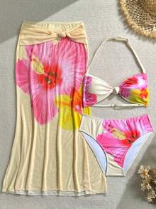 SHEIN Teen Girls Floral Print Vacation Style Bikini Set - Yellow - View 3