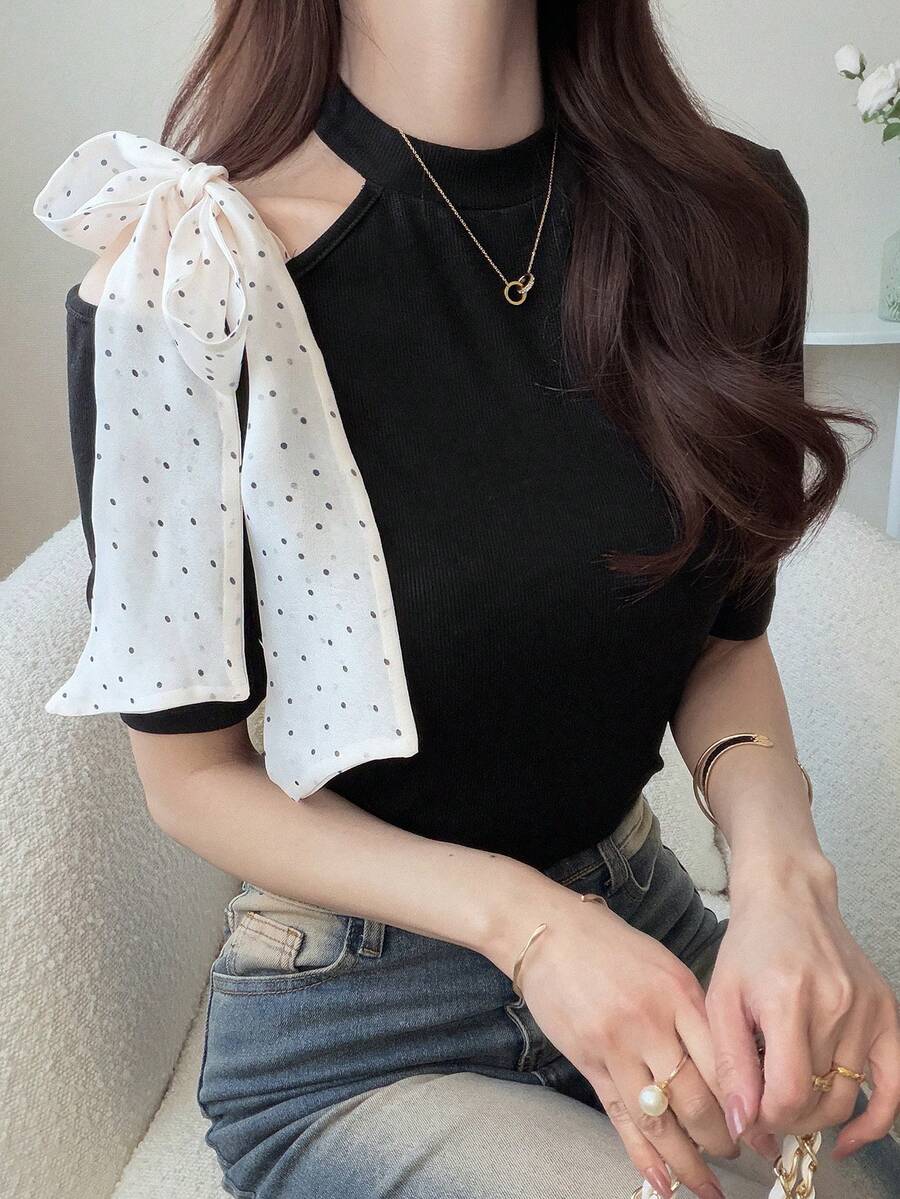 FRIFUL 女士圆领露肩撞色波点蝴蝶结面料修身短袖甜美T恤 - 黑色 - 查看 1