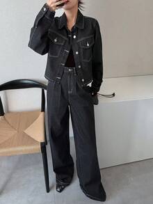 FRIFUL Women's Solid Color Front Button Long Sleeve Top And Wide Leg Jeans Set - Blue - View 5