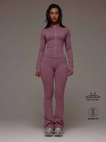 Musera Sport Zip Active BBL 夹克搭配喇叭褶皱臀部紧身裤套装 运动健身健身房普拉提日常休闲烟晶色 - 淡紫色 - 查看 1