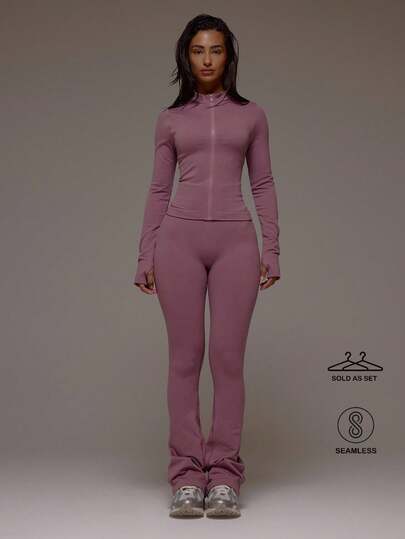 Musera Sport Zip Active BBL Jacket With Flared Scrunch Bum Leggings Set Sport Workout Gym Pilates Fitness Daily Casual Smoky Quartz