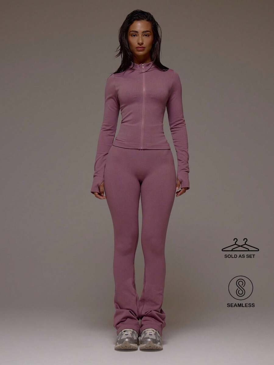 Musera Sport Zip Active BBL 夹克搭配喇叭褶皱臀部紧身裤套装 运动健身健身房普拉提日常休闲烟晶色 - 淡紫色 - 查看 1