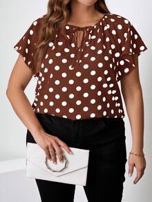 SHEIN Clasi 大码女式波点印花系领短袖衬衫 - 棕色 - 查看 4