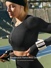 GLOWMODE Second-Skin Seamless Cardio Crusher Soft Lightweight Sweat-Wicking Removable Cups Thumbholes Long Sleeve Mesh Front Crop Top Training Running Workout Gym Studio Daily Active Wear - Black - View 3