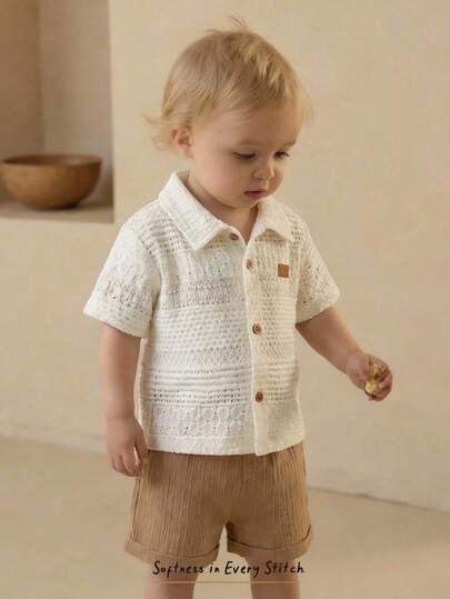 Cozy Pixies 2pcs Baby Boy Solid Color Knit Soft Collar Short Sleeve Cardigan And Elastic Waist Shorts Set