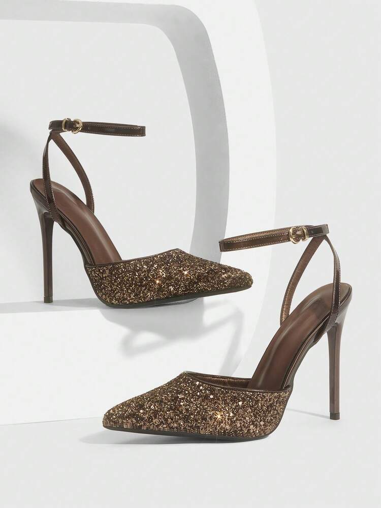 CUCCOO SZL Women Shoes Pointed Thin High Heel Light Coffee Glitter Ankle Strap Backspace Women's Shoes Simple Elegant Fashion Sexy Party Banquet Nightclub Women's High Heel Shoes Women's Shoes Spring Shoes