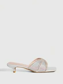 CUCCOO SZL 时尚方头小猫跟粉色网眼水钻链条露趾凉鞋，优雅女士中跟穆勒鞋 - 粉色 - 查看 4