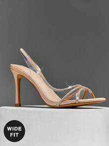 SHUZIA Women's Nude Clear Rhinestone Strap Stiletto Heels – Ture Wide Elegant Wedding & Party Sandals - Beige - View 6