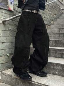 Manfinity EMRG Men's Casual Fashion Street Wear Distressed Loose Flared Leg Jeans, Suitable For Daily Commute Black Baggy Jeans Men - Black - View 6