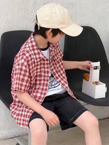 DAZY Tween Boy Plaid Short Sleeve Single-Breasted Pocket Casual Shirt - Red - View 2