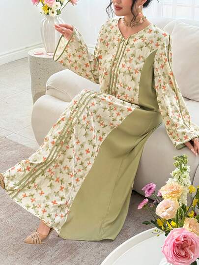 Yasmyna 女士优雅时尚拼接花卉V领连衣裙，春夏款