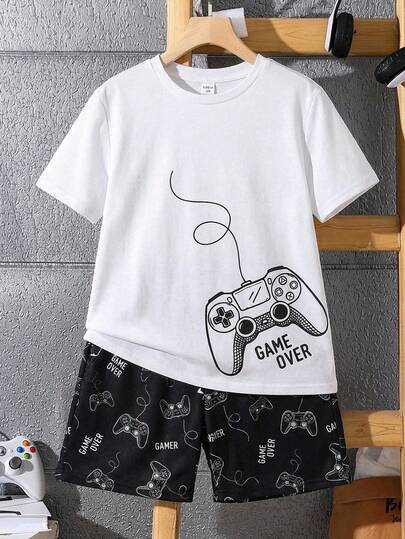 Set de pijama informal para niño preadolescente con camiseta de manga corta de cuello redondo con gráfico de videojuego y pantalones cortos, 2 piezas