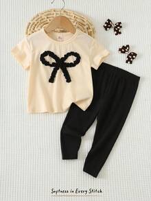 Cozy Pixies Conjunto de 2 piezas de camiseta de manga corta de cuello redondo suave de punto con lazo y pantalones de cintura elástica para niña bebé - Negro - Ver 3
