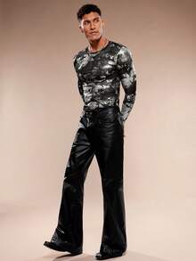 FeverCity 男士时尚休闲银箔印花修身长袖T恤 - 黑色 - 查看 5