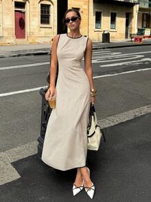 Siren Gaze 新款撞色滚边腰部A字连衣裙，女士春夏款 - 杏色 - 查看 3