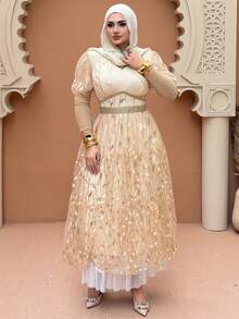Dazy Plus Plus Size Women's V-Neck Contrast Color Leaf Embroidery Waist Cinched Party Dress, Spring/Summer Sundress - Gold - View 3
