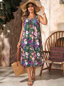 EMERY ROSE Đầm không tay cổ tròn in họa tiết toàn thân, kiểu dáng thường ngày, cỡ lớn, phong cách nghỉ mát. - Màu tím - Xem 4